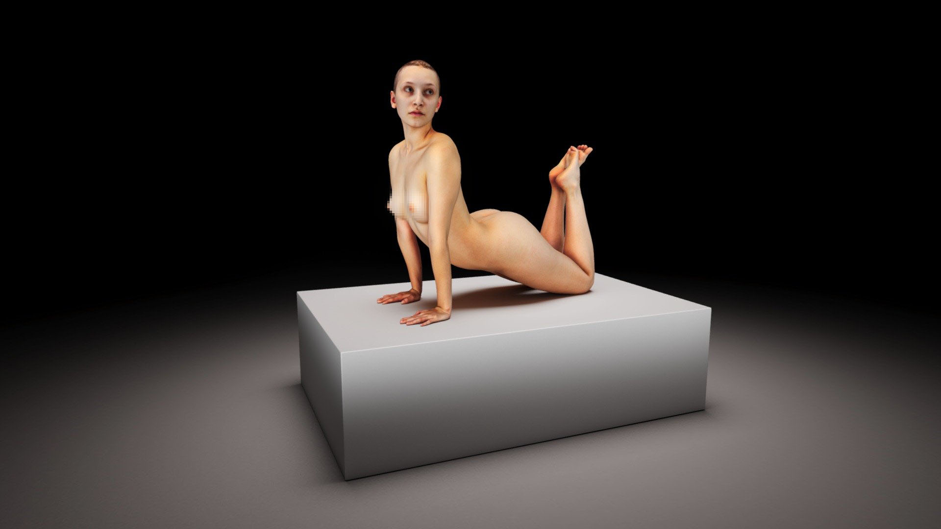 becky model kneeling nude on a white block