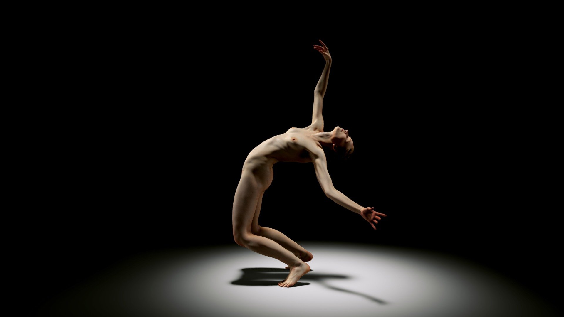 dovile nude model in acrobatic pose and dramatic lighting